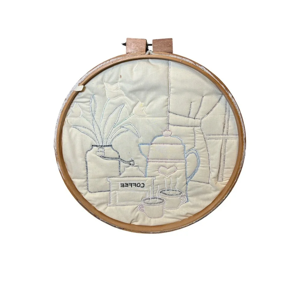 Vtg Handmade‎ Quilted Coffee Applique Round Wood Frame Art Wall Hanging Kitchen
